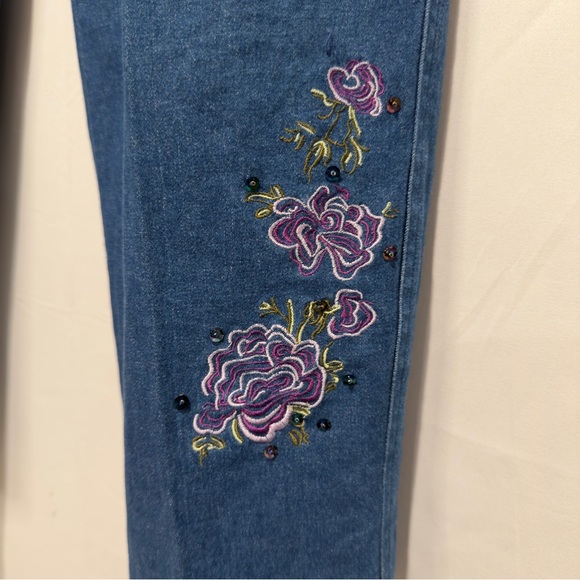 Vintage 90s Floral Embroidered Sequin Denim Jean Jacket & Pants Set, 12 Petite - Picture 12 of 16